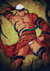 Rule 34 | 1boy, abs, absurdres, bara, bare pectorals, blush, bound, bound arms, bound legs, briefs, bulge, dark-skinned male, dark skin, facial hair, feet out of frame, hadanugi dousa, haystack, headband, highres, japanese clothes, kimono, large pectorals, lying, male focus, male underwear, mature male, monk, muscular, muscular male, nipples, on back, open clothes, open kimono, original, pectorals, red kimono, short hair, sideburns, solo, stomach, stubble, sweat, tentacles, tentacles, tentacles on male, thick thighs, thighs, underwear, white hair, white male underwear, zhuganchangjiadan