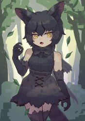 Rule 34 | 1girl, an-chan (ananna0315), animal ears, bare shoulders, black bow, black bowtie, black gloves, black hair, black serval (kemono friends), black skirt, black thighhighs, blush, bow, bowtie, cat ears, cat girl, cat tail, elbow gloves, fangs, gloves, hair between eyes, high-waist skirt, highres, kemono friends, looking at viewer, open mouth, print bow, print bowtie, print skirt, serval print, short hair, sidelocks, skirt, solo, tail, thighhighs, yellow eyes, zettai ryouiki