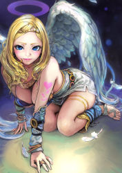 Rule 34 | 1girl, all fours, angel wings, bare shoulders, belt, blonde hair, blue eyes, bracer, breasts, carina (xiaowoo), circlet, cleavage, dress, eyelashes, feathered wings, feathers, halo, hanging breasts, heart, jewelry, kneeling, large breasts, lipstick, long hair, looking at viewer, makeup, mascara, original, parted bangs, pink lips, ring, sandals, short dress, smile, solo, strapless, strapless dress, tattoo, thighlet, white wings, wings