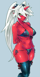 Rule 34 | 1girl, abs, arms behind back, bikini, black bikini, black thighhighs, blue background, breasts, closed mouth, colored skin, cowboy shot, crossed arms, fingernails, hair between eyes, hair ribbon, highres, horns, large breasts, long hair, looking at viewer, oni, oni horns, original, red ribbon, red skin, ribbon, sharp fingernails, side-tie bikini bottom, simple background, single horn, skindentation, skj, smile, solo, standing, swimsuit, thighhighs, thighs, toned, twintails, very long hair, white hair, yellow eyes