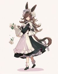 Rule 34 | 1girl, alternate costume, animal ears, apron, black dress, black footwear, blush, bow, brown hair, commentary, dress, enmaided, flower, frilled apron, frills, full body, holding vase, horse ears, horse girl, horse tail, long hair, looking at viewer, maid, maid headdress, mary janes, parted lips, petticoat, pink eyes, rice shower (umamusume), shoes, socks, solo, tail, umamusume, vase, very long hair, water drop, welchino, white apron, white bow, white flower, white socks