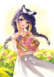 Rule 34 | 1girl, absurdres, alternate costume, bare shoulders, blue eyes, blue hair, blurry, bouquet, braid, commentary, cowboy shot, depth of field, dress, english commentary, fang, flower, hair ribbon, highres, holding, holding bouquet, hololive, hololive english, long hair, looking at viewer, lucferz, mole, mole under eye, ninomae ina&#039;nis, open mouth, pointy ears, ribbon, smile, solo, strap slip, sundress, tentacle hair, twin braids, virtual youtuber, white dress, white ribbon