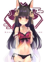 Rule 34 | 1girl, animal ear fluff, animal ears, azur lane, babydoll, bare shoulders, black hair, black panties, blush, breasts, cameltoe, closed mouth, collar, collarbone, commentary request, cowboy shot, detached sleeves, emblem, fox ears, hair ornament, hand up, jewelry, lingerie, long hair, long sleeves, looking at viewer, nagato (azur lane), navel, orange eyes, panties, revision, see-through, shirokitsune, simple background, small breasts, smile, solo, standing, underwear, white background, wide sleeves, yellow eyes
