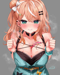 Rule 34 | 1girl, aqua dress, belt, between breasts, black choker, bow, breasts, breasts squeezed together, choker, cleavage, commentary request, dress, drinking straw, ear piercing, earrings, festa11307070, green eyes, grey background, hair bow, hair bun, igarashi rika, igarashi rika (1st costume), jewelry, large breasts, looking at viewer, medium hair, multicolored hair, nijisanji, o-ring, o-ring choker, orange hair, piercing, simple background, single hair bun, solo, streaked hair, sweat, virtual youtuber, white bow, white hair, yellow belt