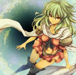 Rule 34 | 1girl, armor, closed mouth, dark-skinned female, dark skin, emerada (xenogears), green hair, highres, long hair, looking at viewer, midriff, navel, scarf, shiho mn02, shoulder armor, skirt, solo, thighhighs, torn clothes, xenogears, yellow eyes