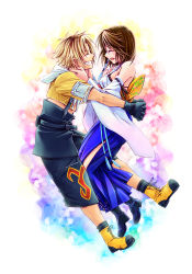 Rule 34 | 00s, 1boy, 1girl, asymmetrical clothes, bare shoulders, blonde hair, blue hakama, boots, brown hair, couple, detached sleeves, closed eyes, final fantasy, final fantasy x, gloves, grin, hair ornament, hakama, hakama skirt, own hands clasped, happy, hetero, highres, japanese clothes, nonosaki, obi, open mouth, own hands together, sash, short hair, skirt, smile, tidus, yuna, yuna (ff10)