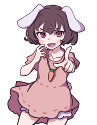 Rule 34 | 1girl, absurdres, animal ears, blush stickers, brown hair, carrot necklace, collarbone, commentary request, cropped legs, dress, fang, floppy ears, hair between eyes, highres, inaba tewi, jewelry, kame (kamepan44231), necklace, one-hour drawing challenge, open mouth, pink dress, pointing, pointing at viewer, rabbit ears, rabbit tail, red eyes, ribbon-trimmed dress, short hair, short sleeves, simple background, skin fang, solo, tail, touhou, white background