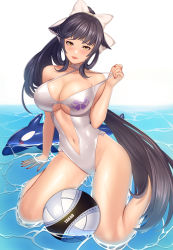 Rule 34 | 1girl, absurdres, arm support, azur lane, ball, bare shoulders, beachball, black hair, blush, bow, breasts, brown eyes, character name, choker, cleavage, clothing cutout, collarbone, commentary request, criss-cross halter, eyebrows hidden by hair, full body, groin, hair bow, hair flaps, halterneck, highres, inflatable orca, inflatable toy, large breasts, long hair, looking at viewer, nail polish, navel, navel cutout, official alternate costume, one-piece swimsuit, parted lips, ponytail, rakuri (rwrn5475), red nails, revision, sakura empire (emblem), sidelocks, simple background, sitting, solo, strap pull, swept bangs, swimsuit, takao (azur lane), takao (beach rhapsody) (azur lane), teeth, underboob, underboob cutout, upper teeth only, very long hair, wariza, water, wet, white background, white bow, white choker, white one-piece swimsuit