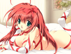Rule 34 | 1girl, ass, breasts, cleavage, elbow gloves, fingerless gloves, gloves, green eyes, large breasts, long hair, looking at viewer, lying, mitsuki mantarou, naked ribbon, nude, on stomach, open mouth, original, red hair, red ribbon, ribbon, socks, solo, thighhighs, white gloves, white socks, white thighhighs