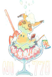 Rule 34 | akadako, animal focus, black eyes, creatures (company), dessert, drinking straw, flag, food, food focus, fruit, full body, game freak, gen 7 pokemon, in bowl, in container, in food, japanese text, mimikyu, nintendo, no humans, one-hour drawing challenge, pokemon, pokemon (creature), shaved ice, solo, strawberry, translated