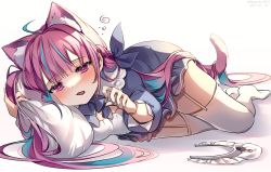 Rule 34 | 1girl, :3, ahoge, anchor symbol, animal ears, blunt bangs, blush, bow, bowtie, braid, breasts, cat ears, cat girl, cat tail, fang, garter straps, highres, hololive, long hair, long sleeves, looking at viewer, lying, maid, maid headdress, medium breasts, minato aqua, minato aqua (1st costume), nail polish, neko (minato aqua), nyaruin, on side, open mouth, paw pose, pillow, pillow grab, purple bow, purple eyes, purple hair, solo, tail, thighhighs, thighs, very long hair, virtual youtuber, white background, white headwear, white thighhighs