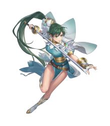Rule 34 | 1girl, belt, boots, breasts, cape, cuboon, dress, earrings, female focus, fingerless gloves, fire emblem, fire emblem: the blazing blade, fire emblem heroes, full body, gloves, green eyes, green hair, hair ornament, highres, holding, holding sword, holding weapon, jewelry, knee boots, leg up, long hair, lyn (fire emblem), matching hair/eyes, medium breasts, nintendo, official art, pelvic curtain, ponytail, puffy short sleeves, puffy sleeves, short sleeves, solo, striped, sword, thighs, transparent background, vertical stripes, very long hair, weapon