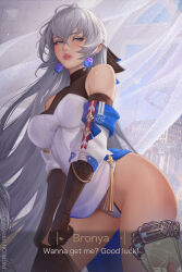 Rule 34 | 1girl, arm scarf, artist name, bare shoulders, blue scarf, breasts, bronya rand, character name, dress, earrings, english text, gloves, grey eyes, grey hair, highres, honkai: star rail, honkai (series), indoors, jewelry, large breasts, long hair, looking at viewer, medium breasts, paid reward available, parted lips, prywinko, scarf, thighhighs, white dress, window