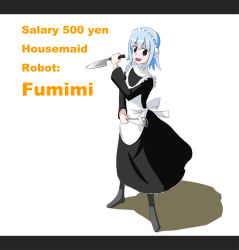 Rule 34 | 3ldkm, black pantyhose, character name, english text, full body, fumimi, hikai, knife, letterboxed, maid, pantyhose, simple background, solo, standing, tagme, white background