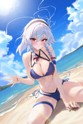 Rule 34 | 1girl, absurdres, alternate costume, bare arms, bare shoulders, barefoot, bikini, black hairband, blue bikini, blue sky, bow, braided sidelock, breasts, cleavage, cloud, cloudy sky, commentary request, criss-cross halter, day, hairband, halterneck, hand up, highres, holding, izayoi sakuya, large breasts, looking at viewer, mountainous horizon, navel, outdoors, red bow, red eyes, rkin, side-tie bikini bottom, sitting, sky, solo, sparkle, string bikini, sunlight, swimsuit, thigh strap, touhou, wariza, white hair