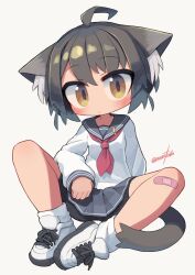 Rule 34 | 1girl, animal ear fluff, animal ears, artist name, bandaid, bandaid on knee, bandaid on leg, bike shorts, bike shorts under skirt, black hair, black sailor collar, black shorts, black skirt, blush, breasts, brown eyes, cat ears, cat girl, cat tail, closed mouth, commentary request, full body, grey background, highres, long sleeves, looking at viewer, miniskirt, nanatsuta, neckerchief, original, pleated skirt, red neckerchief, sailor collar, sailor shirt, shirt, shoes, short hair, short shorts, shorts, shorts under skirt, signature, simple background, sitting, skirt, sleeves past wrists, small breasts, sneakers, socks, solo, spread legs, tail, white footwear, white shirt, white socks