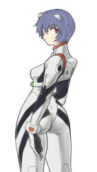 Rule 34 | 1girl, ass, ayanami rei, bodysuit, breasts, closed mouth, cowboy shot, from behind, highres, interface headset, looking back, medium breasts, neon genesis evangelion, pilot suit, plugsuit, red eyes, short hair, simple background, solo, standing, toshinoshin, white background, white bodysuit