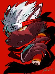 Rule 34 | 1boy, animal ears, colored sclera, commentary request, disembodied limb, dog boy, dog ears, fang, forehead protector, furry, furry male, grin, highres, holding, holding scroll, looking at viewer, male focus, red background, red eyes, red scarf, scar, scar on face, scarf, scroll, sharp teeth, short hair, signature, simple background, smile, snout, solo, tadatomo (housamo), teeth, tokyo houkago summoners, upper body, white hair, yellow sclera, yokujitsu (yokuzi 41)