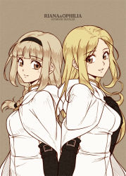 Rule 34 | 2girls, arm warmers, back-to-back, blonde hair, blunt bangs, braid, breasts, brown background, brown eyes, character name, cleric, cloak, copyright name, dress, hairband, hand on own chest, lianna (octopath traveler), light brown hair, long hair, medium breasts, multiple girls, octopath traveler, octopath traveler i, ophilia (octopath traveler), parted bangs, priestess, side braid, simple background, smile, upper body, you haruka