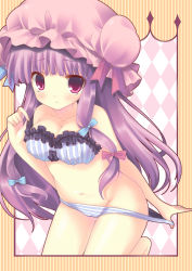 Rule 34 | 1girl, blush, bra, breasts, female focus, hair ribbon, hat, lingerie, long hair, panties, patchouli knowledge, purple eyes, purple hair, ribbon, solo, stomach, strap pull, striped bra, striped clothes, striped panties, touhou, underwear, underwear only, undressing, yamucha