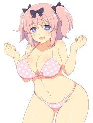 Rule 34 | 1girl, bare shoulders, bikini, black ribbon, blue eyes, breasts, cleavage, curvy, gluteal fold, groin, hair between eyes, hair ribbon, hands up, hibari (senran kagura), highres, ichiryuu tsumiki, large breasts, leaning forward, legs apart, looking at viewer, navel, open mouth, pink bikini, pink hair, pink ribbon, polka dot, polka dot bikini, ribbon, senran kagura, shiny skin, sidelocks, simple background, smile, solo, standing, swimsuit, symbol-shaped pupils, thighs, tongue, two side up, white background, wide hips