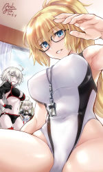 Rule 34 | 3girls, alternate hairstyle, bespectacled, bikini, black bikini, blue eyes, blue jacket, blush, bow, breasts, cleavage, competition swimsuit, covered erect nipples, covered navel, cropped jacket, dated, embarrassed, fate/grand order, fate (series), glasses, hair bow, hairband, high ponytail, highleg, highleg swimsuit, highres, impossible clothes, indoors, jacket, jeanne d&#039;arc alter (swimsuit berserker) (fate), jeanne d&#039;arc (fate), jeanne d&#039;arc (ruler) (fate), jeanne d&#039;arc (swimsuit archer) (fate), jeanne d&#039;arc (swimsuit archer) (second ascension) (fate), jeanne d&#039;arc alter (fate), jeanne d&#039;arc alter (swimsuit berserker) (fate), jeanne d&#039;arc alter santa lily (fate), large breasts, long hair, looking at viewer, multiple girls, navel, one-piece swimsuit, open mouth, pale skin, parted lips, pointing, ponytail, rohgun, signature, silver hair, stomach, swimsuit, very long hair, wavy mouth, whistle, white one-piece swimsuit