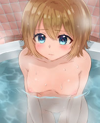 Rule 34 | 1girl, bath, bathing, blue eyes, blush, breasts, brick, brown hair, eyes visible through hair, highres, looking at viewer, looking up, maruko (pixiv1088616), navel, nipples, nude, original, partially submerged, short hair, small breasts, solo, water, wet
