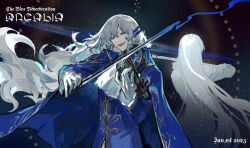 Rule 34 | 1boy, 1girl, angelica (project moon), argalia (project moon), ascot, blue cape, blue eyes, blue jacket, bow (music), cape, collared cape, floating hair, ghost, gloves, gold trim, hair ornament, highres, holding instrument, holding violin, instrument, jacket, library of ruina, long hair, long sleeves, looking at viewer, music, nishikujic, open mouth, playing instrument, project moon, sidelocks, smile, upper body, very long hair, violin, white ascot, white gloves, white hair, white jacket