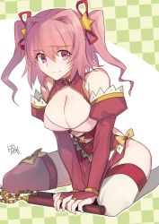 Rule 34 | 10s, 1girl, asymmetrical legwear, bare shoulders, blush, breasts, bridal gauntlets, china dress, chinese clothes, cleavage, closed mouth, dress, elbow gloves, embarrassed, female focus, gloves, hair between eyes, hair intakes, hair ribbon, highres, holding, holding nunchaku, holding weapon, hoshikawa hikayu, large breasts, legs, looking up, nikame, nunchaku, outstretched hand, pelvic curtain, pink hair, re:creators, red bridal gauntlets, red dress, red eyes, red gloves, red ribbon, red thighhighs, revealing clothes, ribbon, short hair, shy, side slit, thighhighs, twintails, uneven legwear, weapon, white thighhighs