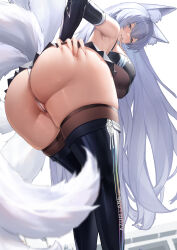 Rule 34 | 1girl, absurdres, animal ear fluff, animal ears, ass, ass focus, azur lane, bare shoulders, breasts, checkered flag, copyright name, detached sleeves, flag, fox ears, fox girl, fox tail, from behind, from below, highres, kitsune, kyuubi, large breasts, leaning forward, long hair, microskirt, multiple tails, naughty face, official alternate costume, purple thighhighs, race queen, see-through, shinano (azur lane), shinano (moonlit chrome) (azur lane), shuiruoqing, simple background, skirt, solo, tail, thighhighs, underboob, very long hair, white background, white hair, white tail