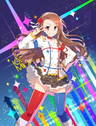 Rule 34 | 1girl, :d, blush, brown eyes, brown hair, character name, flower, hair flower, hair ornament, hand on own hip, idolmaster, idolmaster (classic), idolmaster movie, long hair, minase iori, open mouth, red eyes, redrop, skirt, smile, solo, starpiece memories, thighhighs, v