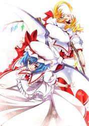 Rule 34 | 2girls, back-to-back, bat wings, blonde hair, blue hair, braid, female focus, flandre scarlet, hat, highres, jpeg artifacts, looking at viewer, multiple girls, outstretched arms, red eyes, remilia scarlet, short hair, siblings, side ponytail, sisters, spread arms, sukuna (artist), touhou, twin braids, wings, wrist cuffs