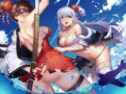 Rule 34 | 2girls, aircraft, ass, azur lane, blue eyes, blue sky, blush, breasts, brown hair, cleavage, cloud, collarbone, damaged, day, dress, flower, glint, groin, hair flower, hair ornament, highres, holding, holding sheath, holding sword, holding weapon, japanese clothes, kimono, large breasts, long hair, looking at viewer, maomaozi, mole, mole under eye, multiple girls, ocean, open mouth, outdoors, panties, ponytail, purple panties, red dress, sheath, shoukaku (azur lane), sidelocks, silver hair, skindentation, sky, sword, thigh strap, thighhighs, thighs, torn clothes, underwear, unsheathing, very long hair, wading, weapon, wet, white kimono, wide sleeves, zuikaku (azur lane)