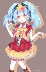 Rule 34 | 10s, 1girl, absurdres, aqua hair, bad id, bad twitter id, blush stickers, commentary, hair ornament, highres, hoshikawa lily, idol clothes, long hair, looking at viewer, open mouth, orange skirt, red eyes, red shirt, shirt, short sleeves, simple background, skirt, solo, standing, star (symbol), star hair ornament, twintails, twitter username, umemaro (siona0908), zombie land saga