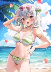 Rule 34 | 1girl, :d, bare shoulders, bikini, blue sky, bow, breasts, chihiro (khorosho), cleavage, cloud, cloudy sky, commentary request, day, double bun, eyewear on head, fingernails, green bow, green eyes, green hair, grey hair, groin, hair between eyes, hair bow, hair bun, hand up, heart, heart-shaped eyewear, horizon, looking at viewer, medium breasts, navel, o-ring, o-ring top, ocean, open mouth, original, outdoors, petals, pink-tinted eyewear, skindentation, sky, smile, solo, striped bikini, striped clothes, sunglasses, swimsuit, tinted eyewear, water