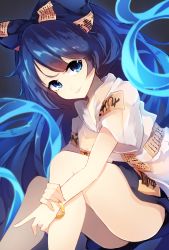 Rule 34 | 1girl, ass, bare arms, blue bow, blue eyes, blue hair, blue skirt, bow, bracelet, chiroru (cheese-roll), closed mouth, hair bow, highres, jewelry, looking at viewer, ofuda, short sleeves, simple background, sitting, skirt, solo, touhou, yorigami shion
