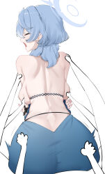 Rule 34 | 1girl, 3others, absurdres, ako (blue archive), ako (dress) (blue archive), ass, backboob, backless dress, backless outfit, blue archive, blue dress, blue hair, blue halo, breasts, closed eyes, cropped legs, cuffs, dongye1551, dress, from behind, halo, handcuffs, highres, large breasts, long hair, multiple others, official alternate costume, open mouth, simple background, sleeveless, sleeveless dress, white background