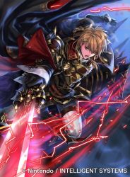 Rule 34 | 1boy, ares (fire emblem), armor, armored boots, blonde hair, boots, brown eyes, cape, clover k, company connection, copyright name, detached sleeves, fire emblem, fire emblem: genealogy of the holy war, fire emblem cipher, gloves, glowing, glowing weapon, holding, holding weapon, male focus, night, night sky, nintendo, official art, open mouth, riding, short hair, sky, sword, weapon