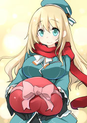 Rule 34 | 10s, 1girl, absurdres, aqua eyes, atago (kancolle), black gloves, blonde hair, box, breasts, candy, chocolate, chocolate heart, food, gift, gift box, gloves, hat, heart, highres, kantai collection, large breasts, light brown hair, long hair, looking at viewer, ryuki (ryukisukune), scarf, smile, solo, valentine