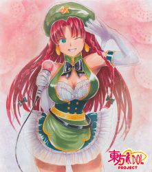 Rule 34 | 1girl, adapted costume, alternate costume, bad id, bad pixiv id, beret, bra, braid, breasts, cleavage, earrings, elbow gloves, gloves, green eyes, hair ribbon, hat, hong meiling, idol, jewelry, large breasts, long hair, looking at viewer, mayo riyo, microphone, miniskirt, neck ribbon, one eye closed, petticoat, red hair, ribbon, skirt, sleeveless, smile, solo, touhou, traditional media, tress ribbon, twin braids, underwear