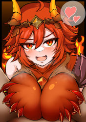Rule 34 | 1boy, 1girl, ahoge, breast hold, breasts, claws, dragon avatar vishuvac, fire, guardian tales, heart, highres, jewelry, kurarika, large breasts, looking at viewer, open mouth, paizuri, red eyes, red hair, solo focus, speech bubble, tiara, upper body