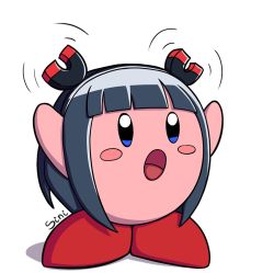Rule 34 | 1boy, alien, artist name, blue eyes, blush, commentary, cosplay, crossover, english commentary, hands up, jitomi monoe, jitomi monoe (cosplay), kirby, kirby (series), magnet, male focus, nintendo, no humans, open mouth, sini (sini art ), solo, virtual youtuber, voms, white background