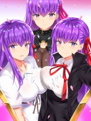 Rule 34 | 10s, 3girls, absurdres, bad id, bad pixiv id, bb (fate), bb (fate/extra), belt collar, black coat, black skirt, blush, breasts, claws, coat, collar, collarbone, dress, fary5, fate/extra, fate/extra ccc, fate/stay night, fate (series), hair ribbon, highres, huge breasts, large breasts, long hair, matou sakura, multiple girls, neck ribbon, o-ring, o-ring top, official alternate costume, open clothes, open coat, open mouth, passionlip (fate), petals, pink ribbon, purple eyes, purple hair, red ribbon, ribbon, skirt, smile, very long hair, white dress