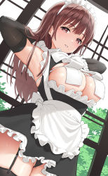 Rule 34 | 1girl, apron, armpits, arms behind head, black dress, black gloves, black panties, black thighhighs, blush, bow, bowtie, breast curtains, breast cutout, breasts, brown eyes, brown hair, cameltoe, cleavage, clothing cutout, collared dress, commentary request, cowboy shot, day, dress, dutch angle, elbow gloves, frilled apron, frilled dress, frills, garter straps, gloves, hair behind ear, hair lift, hands up, highres, indoors, large breasts, long hair, looking at viewer, maid, maid headdress, mole, mole under eye, mole under mouth, original, panties, pantyshot, parted lips, partially visible vulva, short dress, skindentation, sleeveless, sleeveless dress, smile, solo, standing, sweat, taniguchi daisuke (surumenium), thighhighs, tree, underwear, waist apron, white apron, white bow, white bowtie, window