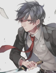Rule 34 | 1boy, bad id, bad pixiv id, belt, clear tag, collared shirt, formal, grey background, grey eyes, himuro hitoshi, holding, kaii shoukougun, katana, male focus, necktie, pants, red necktie, shadow, shirt, short hair, silver hair, simple background, solo, spoilers, sword, weapon