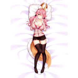 1girl animal_ear_fluff animal_ears black_legwear blush bra breasts cleavage collarbone erspace fate/extella fate/extra fate/grand_order fate_(series) fox_ears fox_girl fox_tail large_breasts looking_at_viewer lying official_alternate_costume on_back one_eye_closed pink_bra pink_hair shorts solo tail tamamo_(fate) tamamo_no_mae_(fate/extra) tamamo_no_mae_(spring_casual)_(fate) underwear yellow_eyes