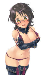 Rule 34 | 1girl, a (user jxyc5837), alternate costume, asano fuka, black collar, black footwear, black gloves, black hair, blush, boots, bra, breasts, bridal gauntlets, cleavage, collar, covering privates, covering breasts, detached collar, dot nose, embarrassed, frilled gloves, frills, glasses, gloves, hair down, highres, idolmaster, idolmaster cinderella girls, jimiko, lace, lace-trimmed bra, lace collar, lace trim, large breasts, leaning forward, looking at viewer, looking over eyewear, lowleg, lowleg panties, messy hair, navel, open mouth, panties, purple-framed eyewear, purple bra, purple panties, semi-rimless eyewear, short hair, simple background, solo, standing, thigh boots, thighhighs, thighs, under-rim eyewear, underwear, white background, yellow eyes