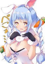 Rule 34 | 1girl, animal ear fluff, animal ears, arm cuffs, black gloves, black leotard, blue hair, blush, braid, breasts, carrot hair ornament, cleavage, commentary, crying, crying with eyes open, don-chan (usada pekora), dress, ear down, embarrassed, food-themed hair ornament, fur-trimmed gloves, fur scarf, fur trim, gloves, hair ornament, hands on own chest, highres, hololive, leotard, light blue hair, long hair, looking at viewer, medium breasts, off-shoulder dress, off shoulder, open mouth, playboy bunny, pom pom (clothes), rabbit ears, red eyes, ryoutsu, simple background, solo, tears, translated, transparent background, twin braids, twintails, upper body, usada pekora, usada pekora (1st costume), virtual youtuber, white background, white dress, white hair
