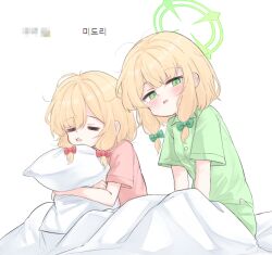 Rule 34 | 2girls, alternate costume, blonde hair, blue archive, bow, breasts, closed eyes, commentary request, green bow, green eyes, green halo, green pants, green shirt, halo, highres, hugging object, jokebag, korean commentary, korean text, looking at viewer, low-tied sidelocks, midori (blue archive), momoi (blue archive), multiple girls, open mouth, pants, pillow, pillow hug, pink bow, pink shirt, shirt, short hair, short sleeves, siblings, simple background, sisters, sitting, sleeping, sleeping upright, small breasts, translation request, twins, white background