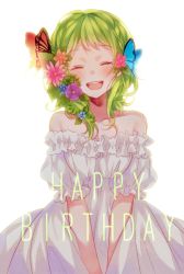 Rule 34 | 1girl, ^ ^, asagao minoru, backlighting, bare shoulders, birthday, blue butterfly, blush, bug, butterfly, butterfly hair ornament, closed eyes, collarbone, commentary, dress, closed eyes, facing viewer, flower, frilled dress, frills, green hair, gumi, hair flower, hair ornament, happy birthday, highres, bug, medium hair, orange butterfly, short sleeves, sidelocks, smile, standing, strapless, strapless dress, upper body, vocaloid, white background, white dress